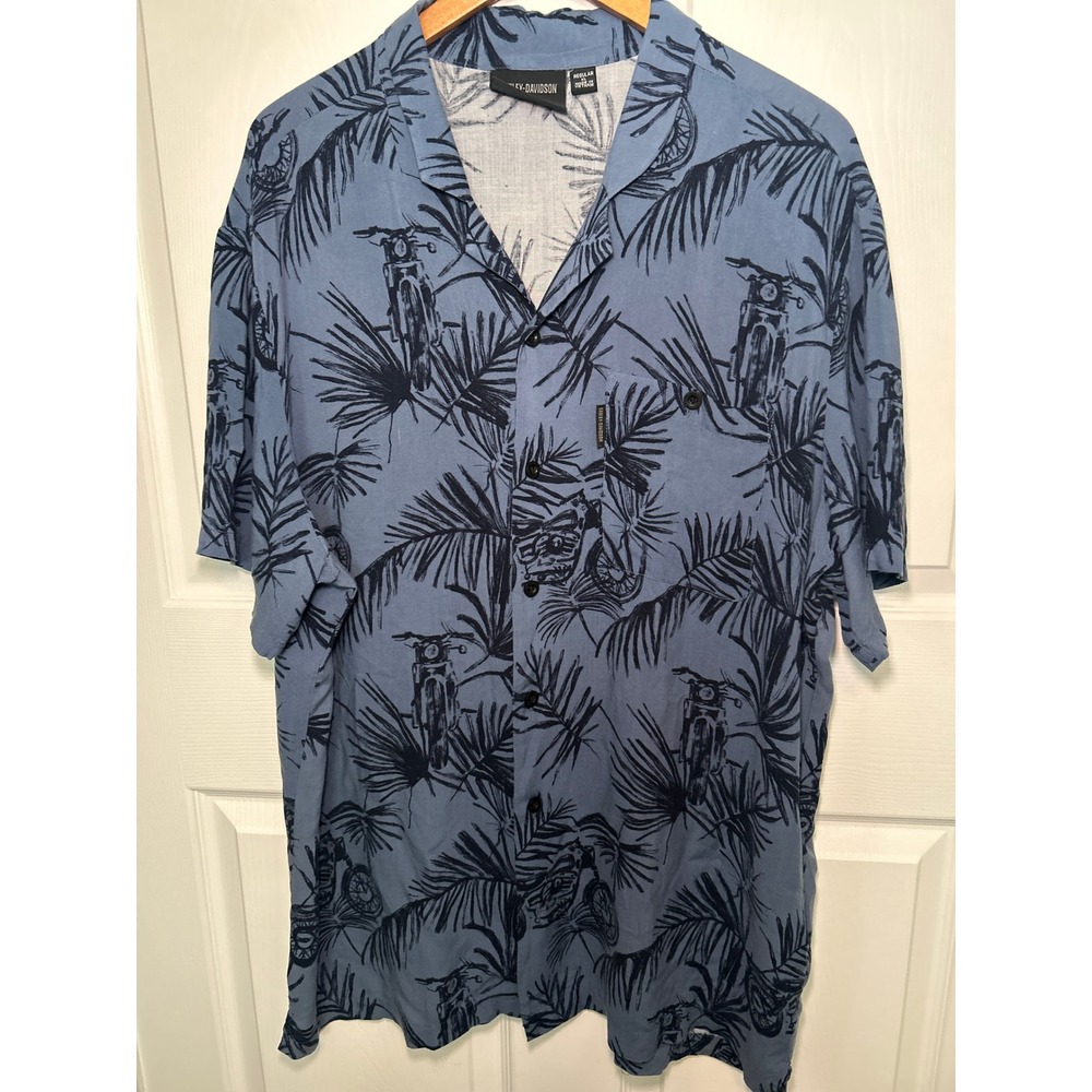 Harley-Davidson Hawaiian Shirt Blue Button Down Tropical Vacation XL‎